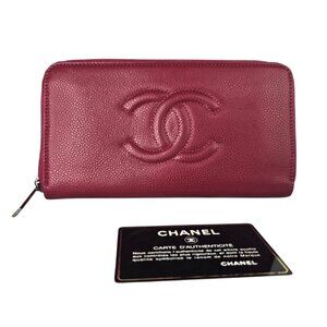 CHANEL Caviar Large Timeless CC Zip Around Wallet Raspberry Red Long Bag Silver